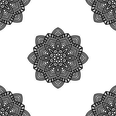 Süslü mandala ile kusursuz bir şablon. Soyut yuvarlak karalama çiçek arkaplanı. Çiçekli geometrik çember. Vektör illüstrasyonu.  