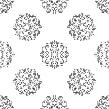 Süslü mandala ile kusursuz bir şablon. Soyut yuvarlak karalama çiçek arkaplanı. Çiçekli geometrik çember. Vektör illüstrasyonu.  