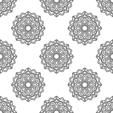 Süslü mandala ile kusursuz bir şablon. Soyut yuvarlak karalama çiçek arkaplanı. Çiçekli geometrik çember. Vektör illüstrasyonu.  