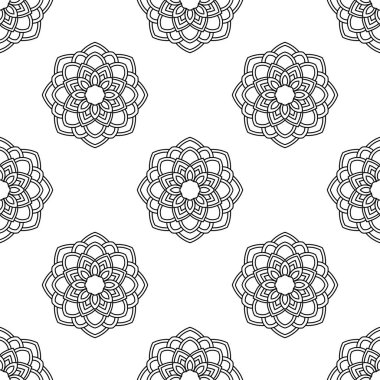 Süslü mandala ile kusursuz bir şablon. Soyut yuvarlak karalama çiçek arkaplanı. Çiçekli geometrik çember. Vektör illüstrasyonu.  
