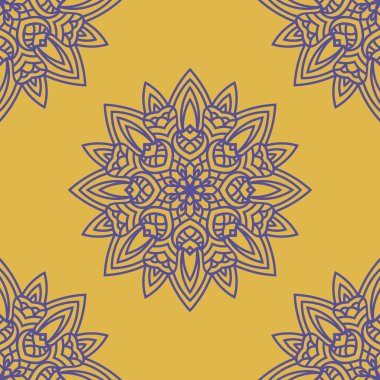 Süslü mandala ile kusursuz bir şablon. Soyut yuvarlak karalama çiçek arkaplanı. Çiçekli geometrik çember. Vektör illüstrasyonu.  
