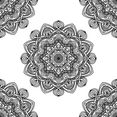 Süslü mandala ile kusursuz bir şablon. Soyut yuvarlak karalama çiçek arkaplanı. Çiçekli geometrik çember. Vektör illüstrasyonu.  