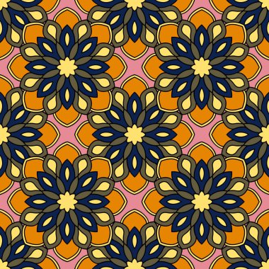 Mandala çiçeğiyle soyut, pürüzsüz desen. Mozaik, fayans. Çiçek arkaplan. Vektör illüstrasyonu.    