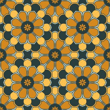 Mandala çiçeğiyle soyut, pürüzsüz desen. Mozaik, fayans. Çiçek arkaplan. Vektör illüstrasyonu.    