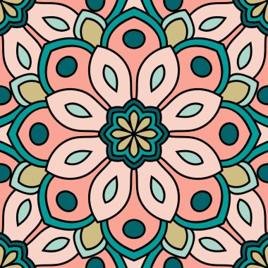 Mandala çiçeğiyle soyut, pürüzsüz desen. Mozaik, fayans. Çiçek arkaplan. Vektör illüstrasyonu.    