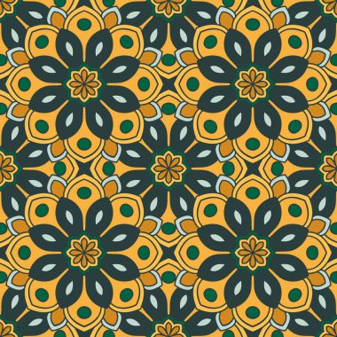 Mandala çiçeğiyle soyut, pürüzsüz desen. Mozaik, fayans. Çiçek arkaplan. Vektör illüstrasyonu.    