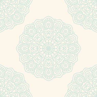 Süslü mandala ile kusursuz bir şablon. Soyut yuvarlak karalama çiçek arkaplanı. Çiçekli geometrik çember. Vektör illüstrasyonu.  