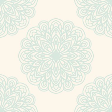 Süslü mandala ile kusursuz bir şablon. Soyut yuvarlak karalama çiçek arkaplanı. Çiçekli geometrik çember. Vektör illüstrasyonu.  