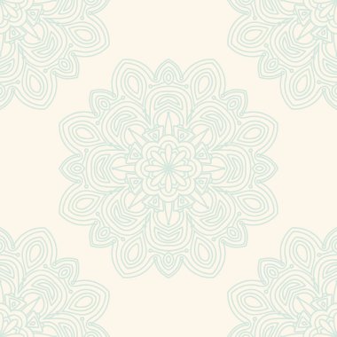 Süslü mandala ile kusursuz bir şablon. Soyut yuvarlak karalama çiçek arkaplanı. Çiçekli geometrik çember. Vektör illüstrasyonu.  