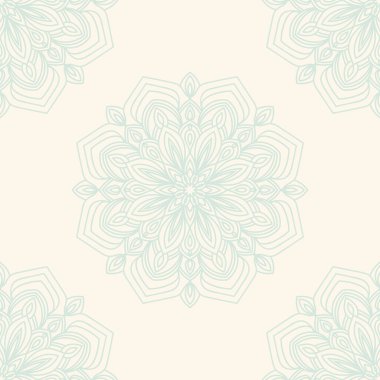 Süslü mandala ile kusursuz bir şablon. Soyut yuvarlak karalama çiçek arkaplanı. Çiçekli geometrik çember. Vektör illüstrasyonu.  