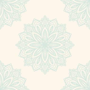 Süslü mandala ile kusursuz bir şablon. Soyut yuvarlak karalama çiçek arkaplanı. Çiçekli geometrik çember. Vektör illüstrasyonu.  