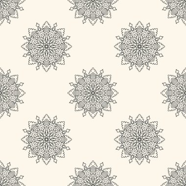 Süslü mandala ile kusursuz bir şablon. Soyut yuvarlak karalama çiçek arkaplanı. Çiçekli geometrik çember. Vektör illüstrasyonu.  