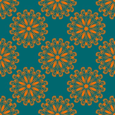 Süslü mandala ile kusursuz bir şablon. Soyut yuvarlak karalama çiçek arkaplanı. Çiçekli geometrik çember. Vektör illüstrasyonu.  