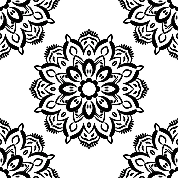 Süslü mandala ile kusursuz bir şablon. Soyut yuvarlak karalama çiçek arkaplanı. Çiçekli geometrik çember. Vektör illüstrasyonu. 