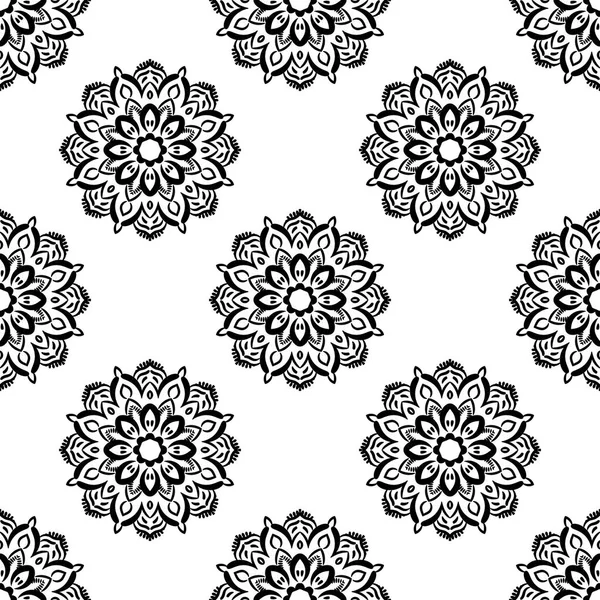 Süslü mandala ile kusursuz bir şablon. Soyut yuvarlak karalama çiçek arkaplanı. Çiçekli geometrik çember. Vektör illüstrasyonu. 