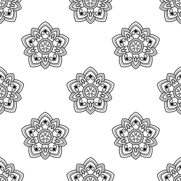 Süslü mandala ile kusursuz bir şablon. Soyut yuvarlak karalama çiçek arkaplanı. Çiçekli geometrik çember. Vektör illüstrasyonu. 