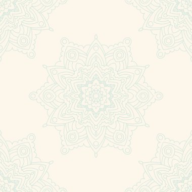 Süslü mandala ile kusursuz bir şablon. Soyut yuvarlak karalama çiçek arkaplanı. Çiçekli geometrik çember. Vektör illüstrasyonu.  