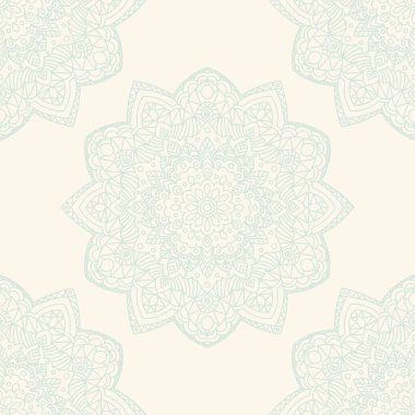 Süslü mandala ile kusursuz bir şablon. Soyut yuvarlak karalama çiçek arkaplanı. Çiçekli geometrik çember. Vektör illüstrasyonu.  