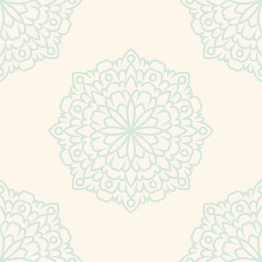 Süslü mandala ile kusursuz bir şablon. Soyut yuvarlak karalama çiçek arkaplanı. Çiçekli geometrik çember. Vektör illüstrasyonu.  