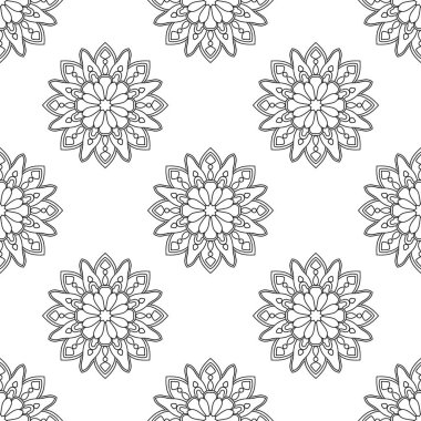 Süslü mandala ile kusursuz bir şablon. Soyut yuvarlak karalama çiçek arkaplanı. Çiçekli geometrik çember. Vektör illüstrasyonu.   