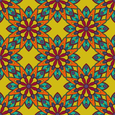 Süslü mandala ile kusursuz bir şablon. Soyut yuvarlak karalama çiçek arkaplanı. Çiçekli geometrik çember. Vektör illüstrasyonu.   