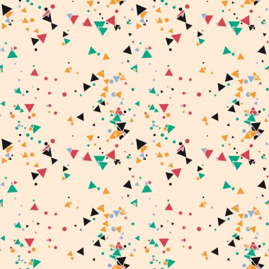 Renkli, dağınık noktalar, üçgen arka plan. Yuvarlak şekilli, şenlikli, pürüzsüz desen. Ambalaj kağıdı ve ağ için grunge noktalı doku. Vektör illüstrasyonu. 