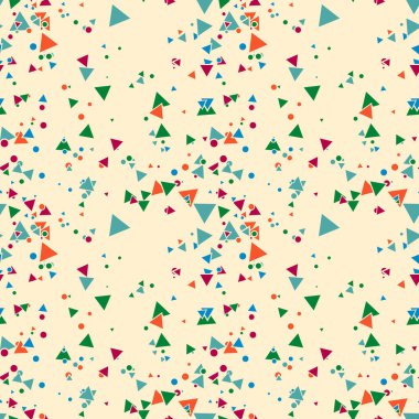 Renkli, dağınık noktalar, üçgen arka plan. Yuvarlak şekilli, şenlikli, pürüzsüz desen. Ambalaj kağıdı ve ağ için grunge noktalı doku. Vektör illüstrasyonu. 