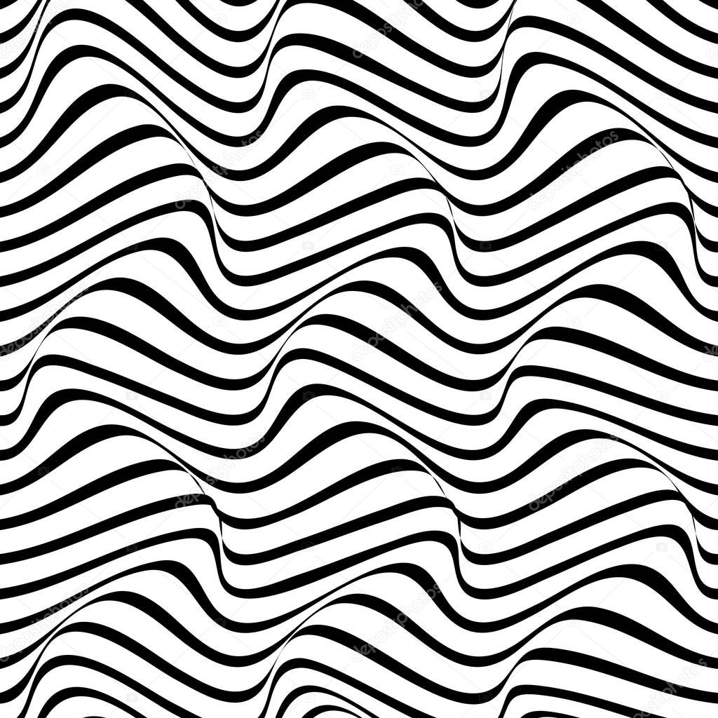Abstract distortion line background. Striped wave backdrop. Wavy Op art cover. Vector illustration.