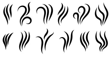 Aromalar simgeleri buharlaştırır. Doğrusal ikon seti, sıcak aroma, koklama veya pişirme buhar sembolleri, koku veya buhar, sigara veya koku işaretleri beyaza izole edilmiş. Vektör illüstrasyonu. 