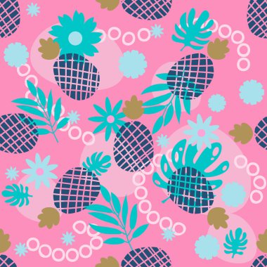 Şirin ananas ve tropikal yapraklar pürüzsüz. Rengarenk yaz meyveleri gelişigüzel arka plan. Mavi, turkuaz, pembe. Benekli, soyut, pürüzsüz desen. Vektör illüstrasyonu.