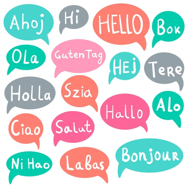 Palabras Hola Hola Con Burbujas Voz Diferentes Idiomas Texto Dibujado — Vector de stock