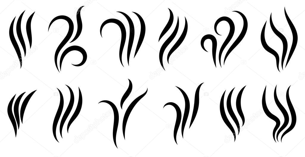 Aromas vaporize icons. Smells linear icon set, hot aroma, stink or cooking steam symbols, smelling or vapor, smoking or odors signs isolated on white. Vector illustration.