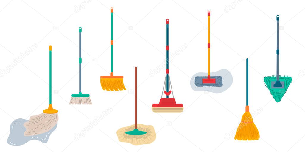 Brooms and mops equipment set. Hygiene handling objects, household mop and housework broom tools isolated on white background. Vector illustration.