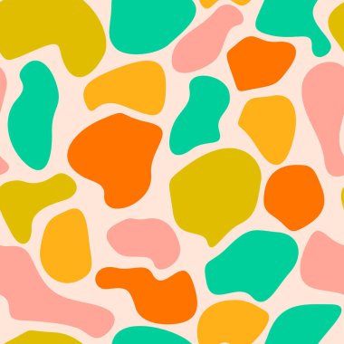 Renkli, dağınık, soyut, dikişsiz, bej üzerine yuvarlak, düzensiz geometrik şekiller. Vektör illüstrasyonu.