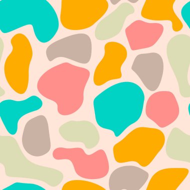 Renkli, soyut, pürüzlü, pürüzlü, yuvarlak lekeli, pembe arka planda geometrik şekiller. Vektör illüstrasyonu.