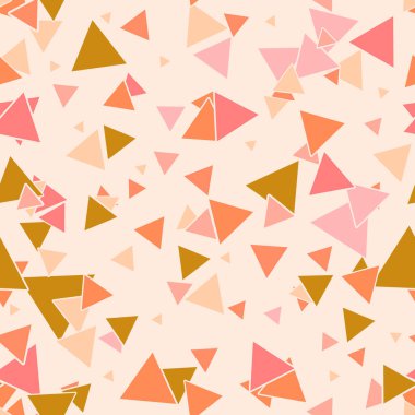 Renkli pembe, altın sarısı, turuncu, kaotik küçük üçgenli, pastel pembe arkaplanlı, soyut, pürüzsüz desen. Sonsuz üçgen, geometrik kart. Vektör illüstrasyonu.