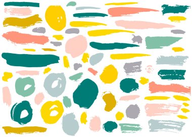 Renkli el çizimleri grunge elementler, geometrik şekiller, halkalar, daireler, bayraklar, beyaz üzerine izole edilmiş fırça darbeleri. Vektör illüstrasyonu.