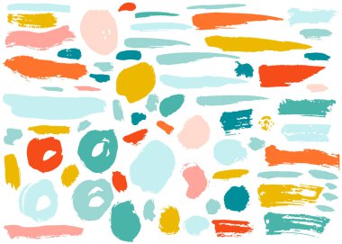 Renkli el çizimleri grunge elementler, geometrik şekiller, halkalar, daireler, bayraklar, beyaz üzerine izole edilmiş fırça darbeleri. Vektör illüstrasyonu.