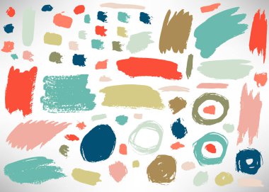 Renkli el çizimleri grunge elementler, geometrik şekiller, halkalar, daireler, bayraklar, beyaz üzerine izole edilmiş fırça darbeleri. Vektör illüstrasyonu.