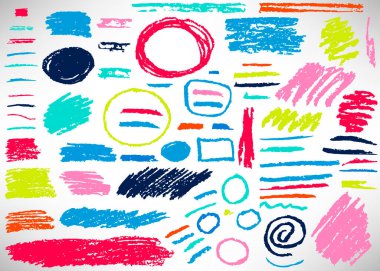 Büyük renkli el çizimleri grunge elementler, afişler, çerçeveler, daireler, çizgiler, çizgiler beyaza izole edilmiş fırça darbeleri. Vektör illüstrasyonu.