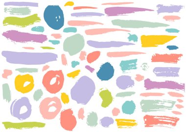 Renkli el çizimleri grunge elementler, geometrik şekiller, halkalar, daireler, bayraklar, beyaz üzerine izole edilmiş fırça darbeleri. Vektör illüstrasyonu.