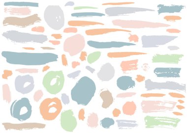 Renkli el çizimleri grunge elementler, geometrik şekiller, halkalar, daireler, bayraklar, beyaz üzerine izole edilmiş fırça darbeleri. Vektör illüstrasyonu.