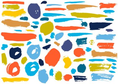 Renkli el çizimleri grunge elementler, geometrik şekiller, halkalar, daireler, bayraklar, beyaz üzerine izole edilmiş fırça darbeleri. Vektör illüstrasyonu.