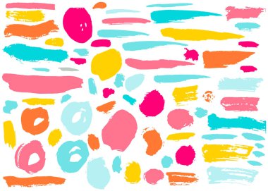 Renkli el çizimleri grunge elementler, geometrik şekiller, halkalar, daireler, bayraklar, beyaz üzerine izole edilmiş fırça darbeleri. Vektör illüstrasyonu.