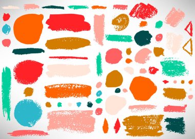 Büyük bir fırça darbesi. Mürekkep fırçası çemberi koleksiyonu, nokta, grunge çizgisi, çizgi, ayırıcı, etiket, şablon. Kirli arka planlar, desenli şekiller. Sıkıntılı fırçalar. Vektör illüstrasyonu.