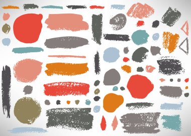 Büyük bir fırça darbesi. Mürekkep fırçası çemberi koleksiyonu, nokta, grunge çizgisi, çizgi, ayırıcı, etiket, şablon. Kirli arka planlar, desenli şekiller. Sıkıntılı fırçalar. Vektör illüstrasyonu.