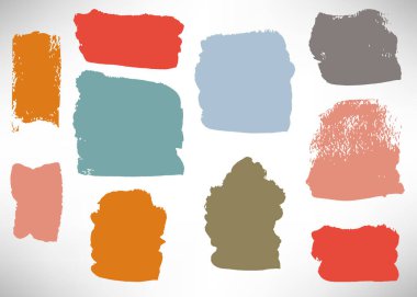 Büyük bir fırça darbesi. Mürekkep fırçası şablonları, kareler, grunge lekesi, şerit, etiket koleksiyonu. Kirli arka planlar, desenli şekiller. Sıkıntılı fırçalar. Vektör illüstrasyonu.