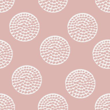 Bej ve beyaz soyut geometrik dikişsiz desenli grunge polka noktalı. Dokulu daireler. Ambalaj kağıdı, web sitesi, duvar kağıdı ve diğerleri için geometrik arkaplan. Vektör illüstrasyonu.