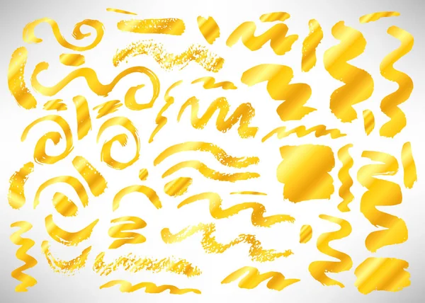 Set Von Handgezeichneten Goldenen Pinseln Leuchtender Pinselstrich Goldene Tintenflecken Und — Stockvektor