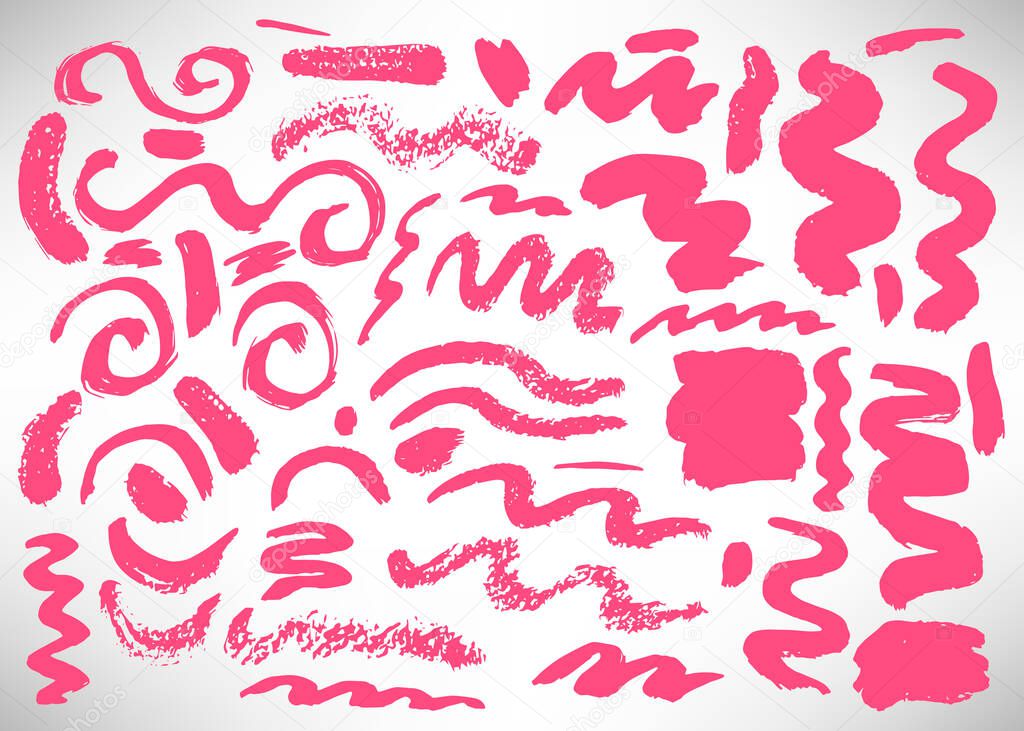 Set of hand drawn pink grunge elements, banners, brush strokes isolated on white. Vector illustration.